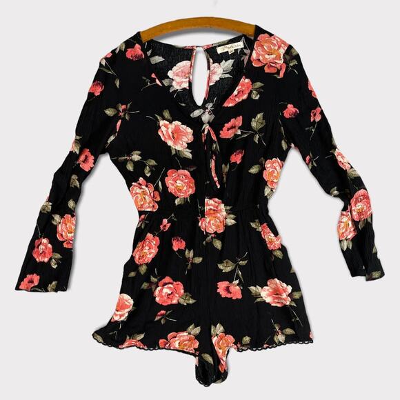 Rewind Juniors Small Romper Black Floral Long Sleeve Rayon - Picture 1 of 8